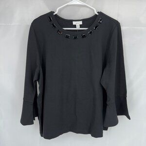 J Jill Women XLP Blouse Rhinestone Neckline Flare 3/4 Sleeve Round Neck Shirt